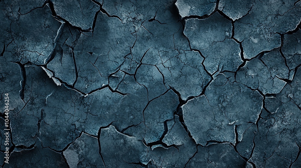 Poster cracked dark surface with intricate patterns under low light, showcasing textured details of an aged