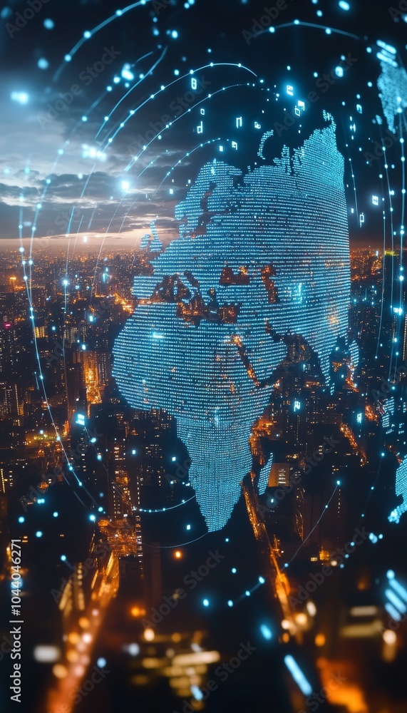 Poster global network, world map with connection lines, digital data transfer, technology concept.