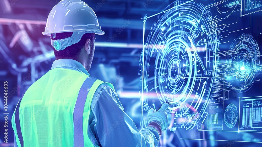 Poster worker interacting with a holographic display in a futuristic industrial setting during daytime hour