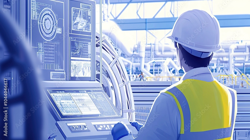 Aufkleber a technician monitors control systems in a manufacturing facility during a busy workday, focused on 