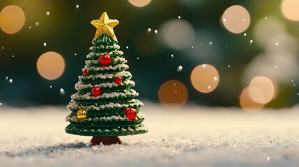 Obraz premium Christmas tree figurine with gold star on top made of glass on background with bokeh effect and glitter. Illustration for cover, card, postcard, banner, poster, brochure or presentation.