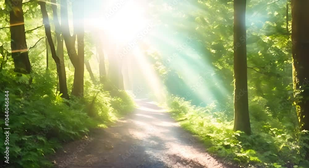 Poster a sunlit forest path with rays of light filtering through the dense green foliage creating a peacefu