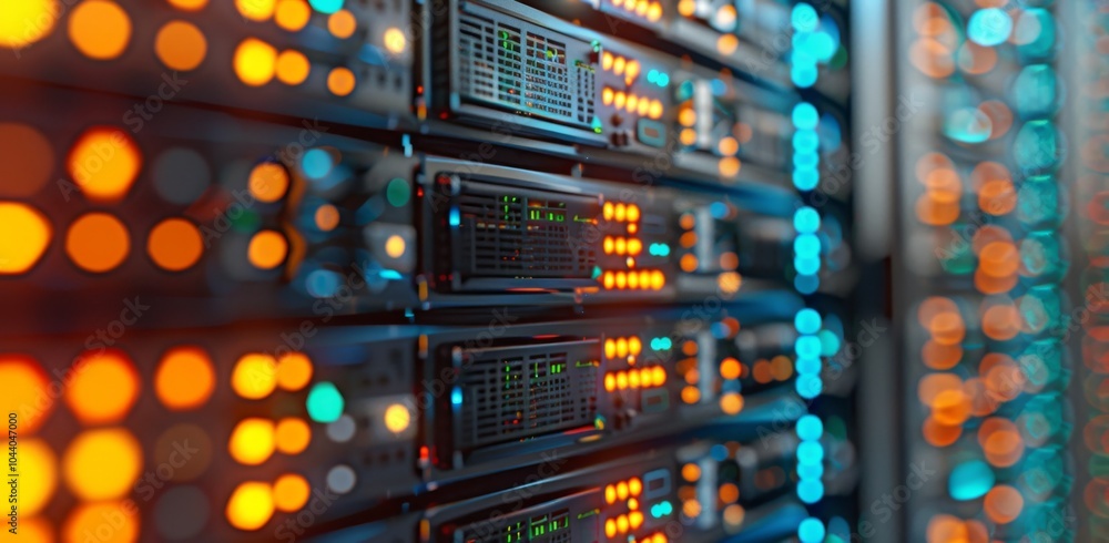 Poster close up view of server racks with green lights