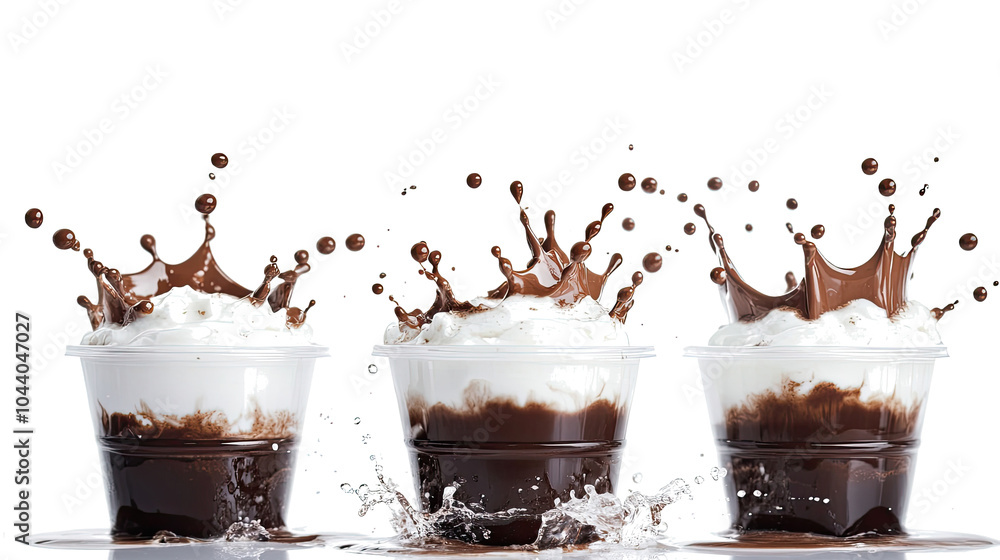 Poster hot chocolate crown splashes captured in a dynamic collection of cups generative ai