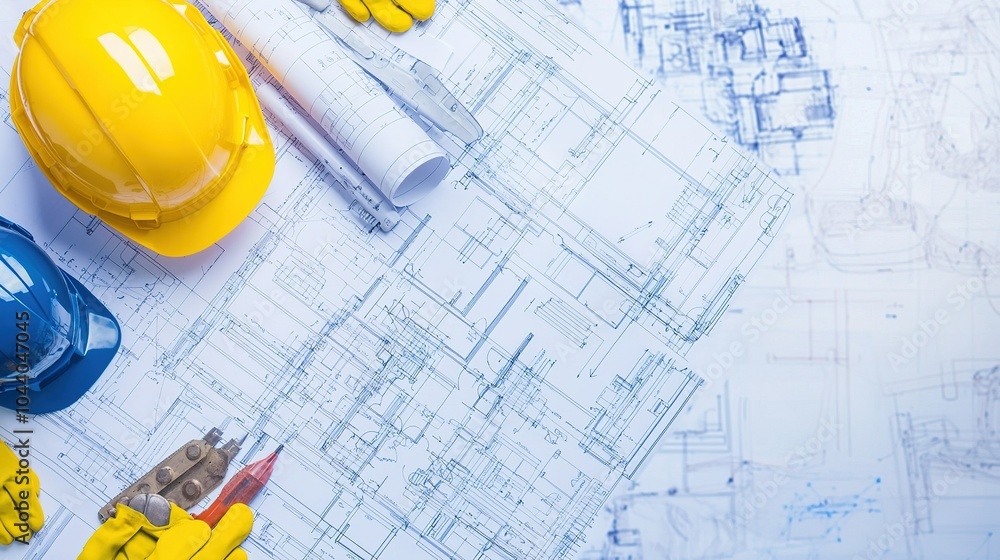 Poster construction plans and hard hats on a table with blueprints in a busy building site during daylight