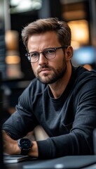 Obraz premium Serious Young Bearded Man In Glasses Works On A Laptop In A Cafe, Remote Work Concept.