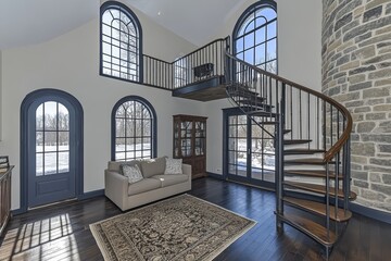 Large room with a spiral staircase and a fireplace