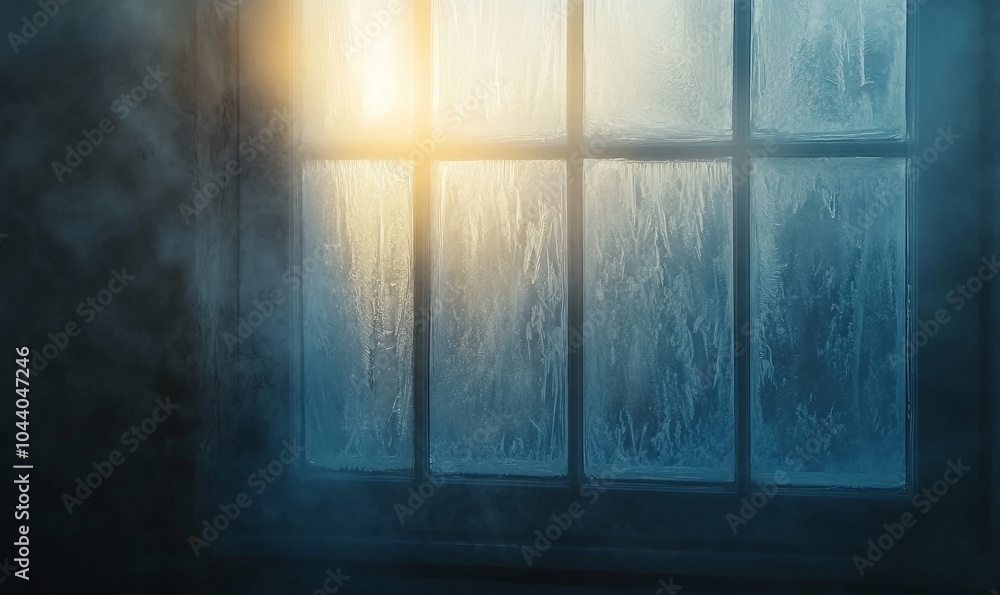 Aufkleber frost-covered window with a foggy, diffused light shining through, creating a textured, ethereal eff