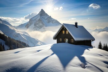 Fototapeta premium Scenic mountain spot with a house and snowy silhouette