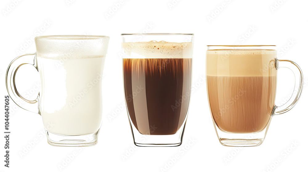Poster refreshing iced coffees with milk set on a transparent background generative ai