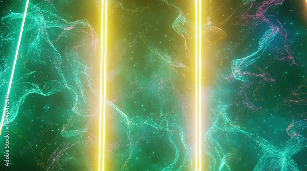 Poster abstract digital art featuring colorful light streaks and flowing patterns against a cosmic backgrou