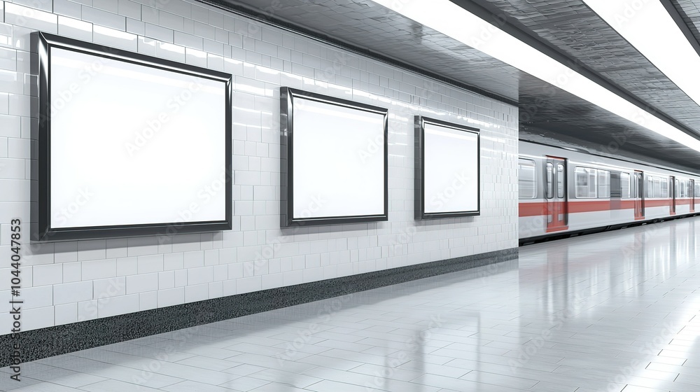Poster empty subway platform with blank ad spaces and a stationary train in an urban transit system during 