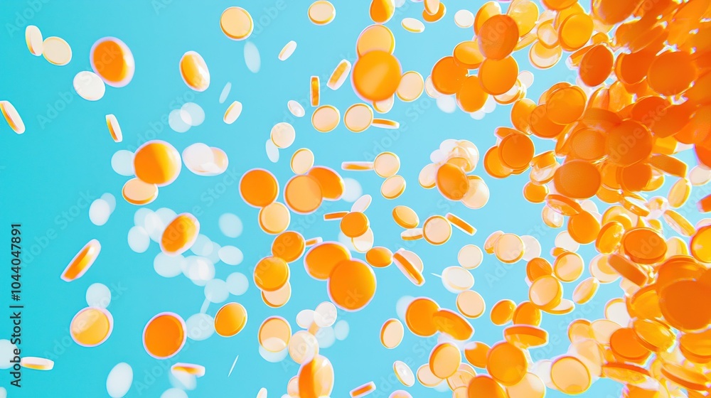 Aufkleber vibrant orange circles falling against a bright blue background, creating a lively and dynamic visua