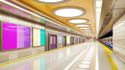 Obraz premium Modern subway station with colorful advertisements and bright lighting in an urban setting
