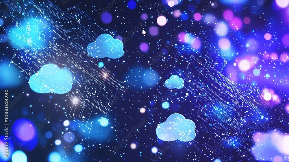 Poster digital abstract representation of cloud computing with vibrant colors and glowing particles in a mo