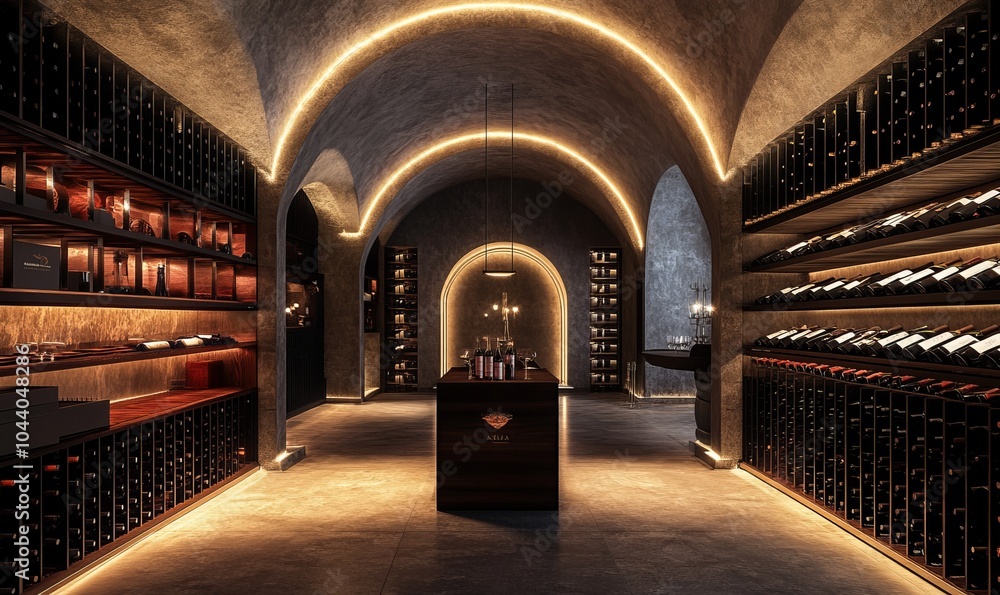 Poster exploring an upscale wine cellar filled with various red wine bottles