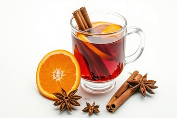 glass cup Hot red mulled wine with orange slice, anise and cinnamon sticks on white background