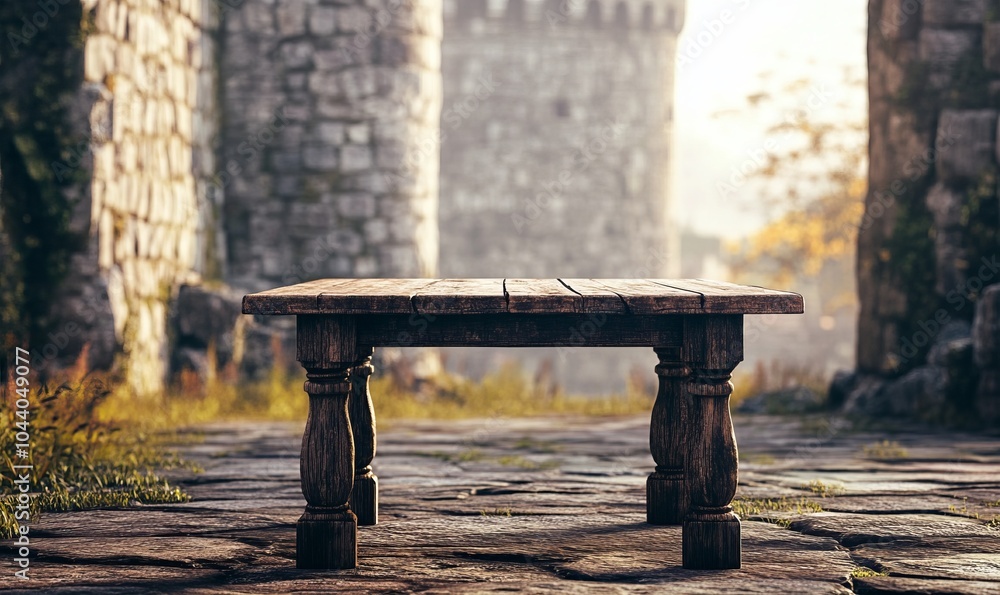 Poster empty old table in front of ancient knight stone tower. useful for product display montage