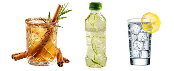 Refreshing detox drink in clear bottle with lime, aloe and mint isolated on white transparent background, promoting wellness, perfect for health conscious lifestyle