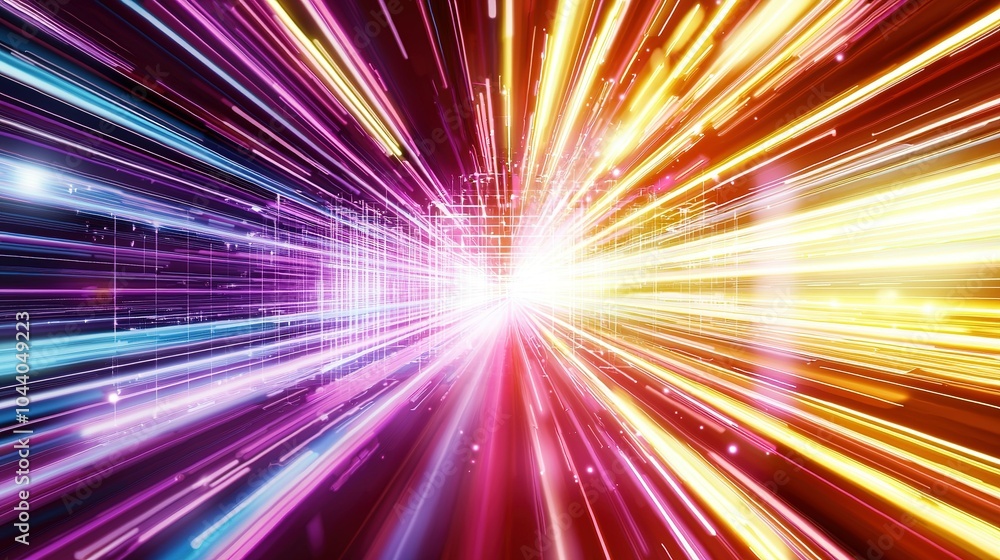 Poster vibrant streaks of light radiate outward, creating a dynamic burst of color in a cosmic-like scene d
