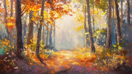 Fototapeta premium A painting of a forest path in autumn with golden leaves and sunlight streaming through the trees.