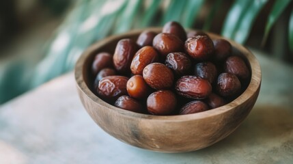 Obraz premium Close-up of Dates in a Wooden Bowl - Sweet and Healthy Snack