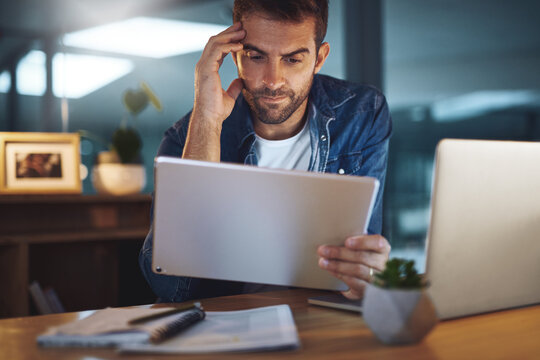 Stress, night and businessman on tablet thinking for research, online review or deadline. Frustrated, burnout and person on digital tech working late for planning, solution or brainstorming in office