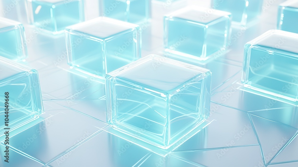 Poster translucent blue cubes arranged on a luminous surface create a calming atmosphere in a modern digita