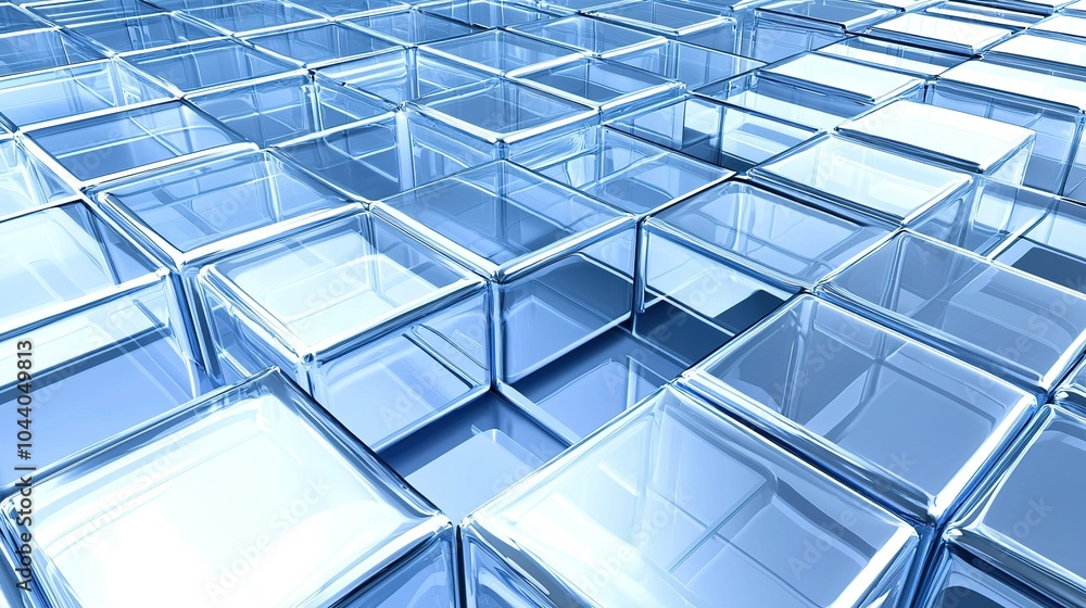 Poster Blue glass cubes arranged in a grid, reflecting light and creating a visually appealing pattern in a modern design setting