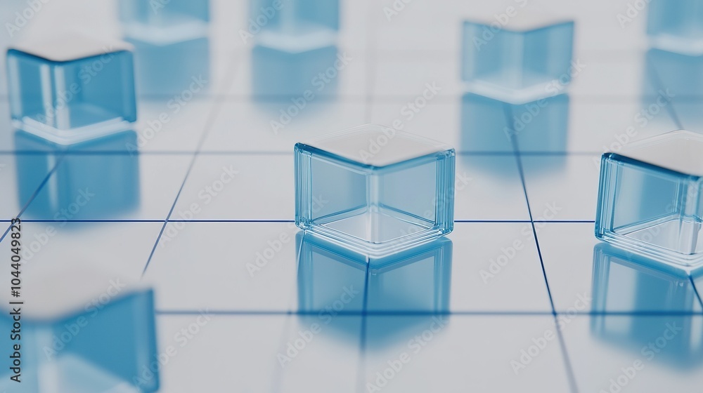 Poster glass-like geometric shapes arranged on a transparent surface, creating a modern artistic display in