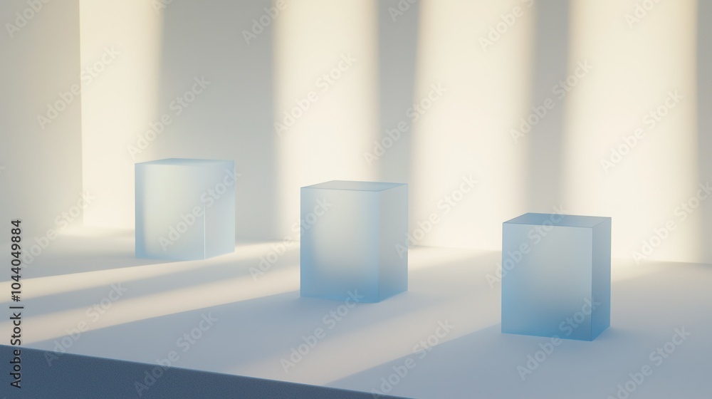 Poster minimalist display featuring three translucent cubes illuminated by soft light in a contemporary set