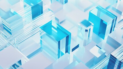 Intricate arrangement of translucent blue glass cubes reflecting light in a modern artistic installation