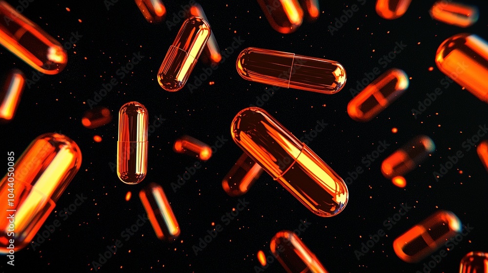 Poster bright orange capsules floating in space against a dark background, creating a dynamic visual effect