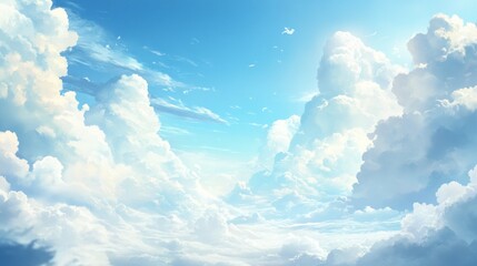 Naklejka premium A wide shot of a blue sky with fluffy white clouds, showcasing a bright sun shining through the clouds.