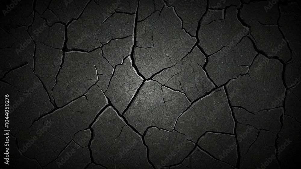 Poster cracked black surface texture highlighting deep fissures and uneven patterns in a dark and arid envi