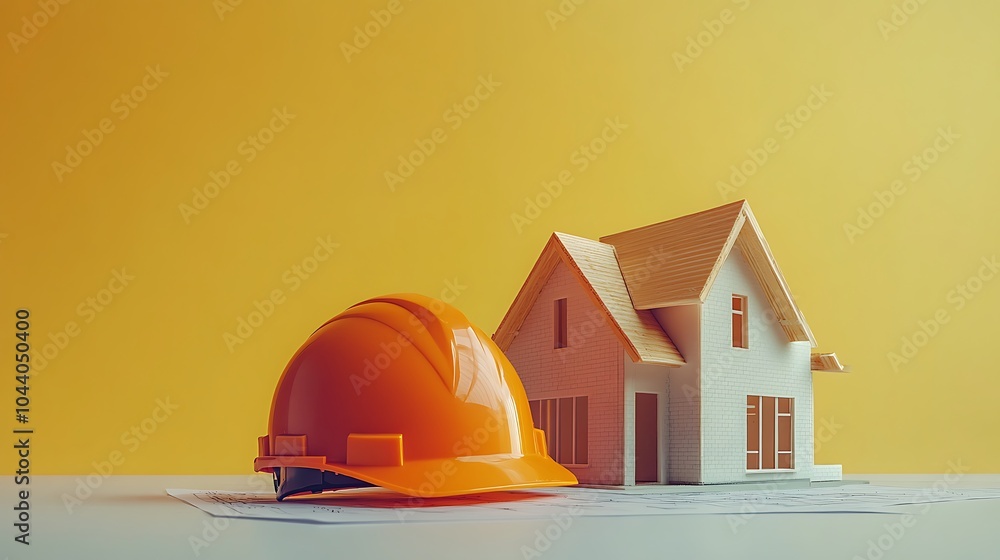 Wall mural a hardhat and a miniature house model on top of a blueprint on a yellow background.