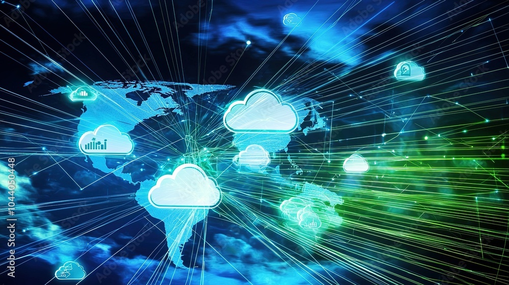 Poster global cloud computing network visualization with interconnected clouds and data graphics over a wor