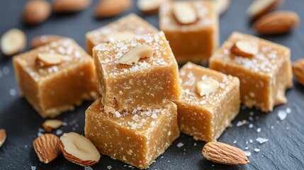Fudge with honey and almonds, on a gray slate surface, surrounded by almond slivers and a drizzle of honey