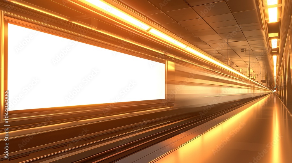Poster dynamic view of a modern subway platform illuminated by bright fixtures during evening rush hour