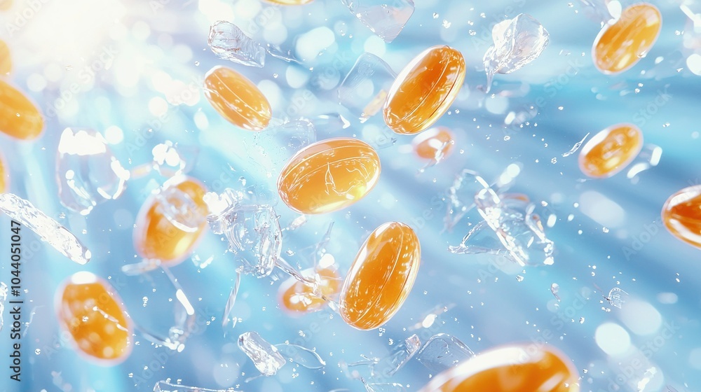 Poster orange capsules suspended in midair with glimmers of light and fragments of ice creating a sparkling