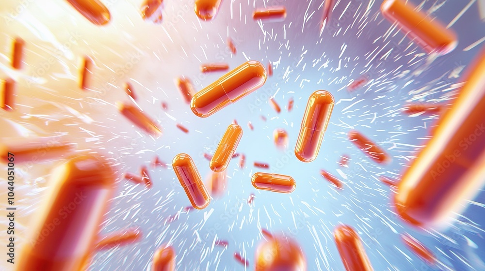 Poster vibrant capsules floating in mid-air with a backdrop of dynamic light and color