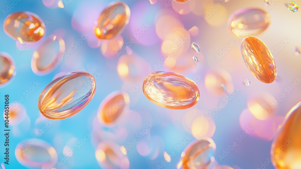 Poster colorful floating capsules in a vibrant abstract background with soft lighting and blurred effects