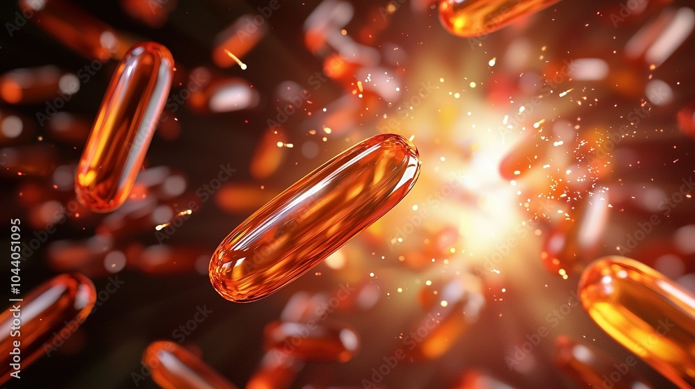 Poster bright orange capsules burst energetically against a dark backdrop, creating an explosion-like effec