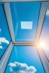 View through a modern glass window towards a bright blue sky, capturing natural light and a sense of openness in architecture, Generative Ai