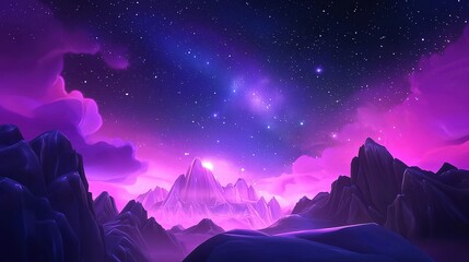 Fototapeta premium Majestic mountain landscape under a starry night sky with vibrant colors and distant peaks illuminated by cosmic light