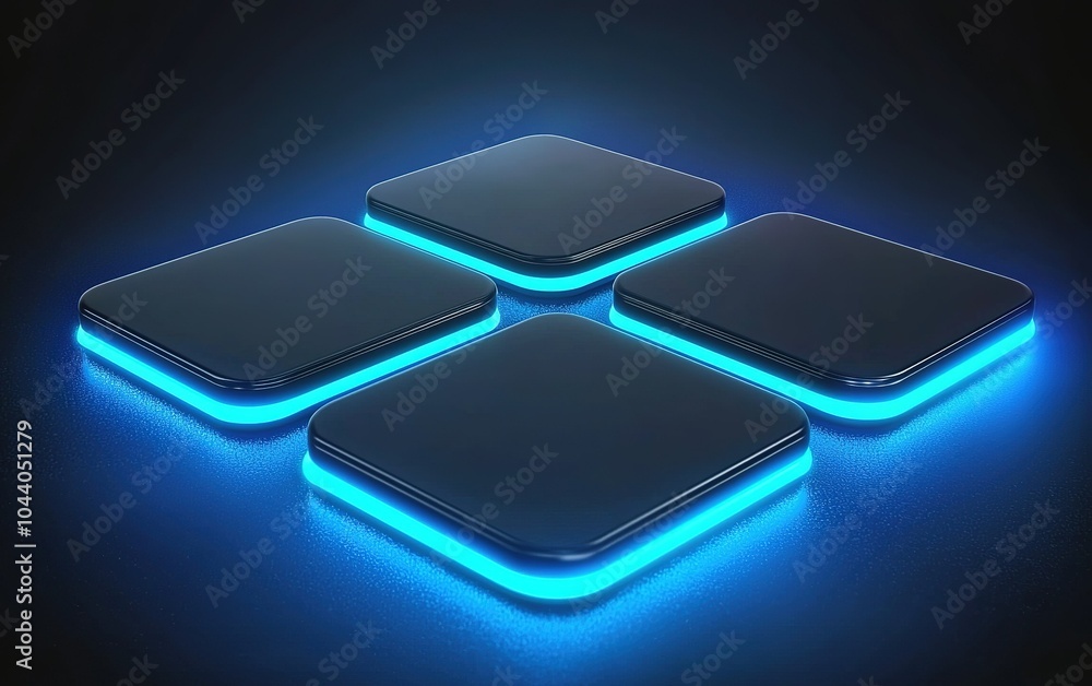 Poster illuminated square buttons with blue neon lights on a dark background showcasing modern design and t