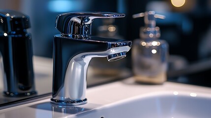 Close-up of a shiny chrome faucet in a modern bathroom with a soap dispenser in the background.