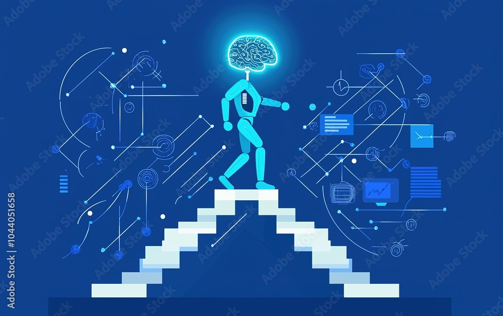 Poster a humanoid robot walking up stairs with a glowing brain in a digital landscape filled with data and 