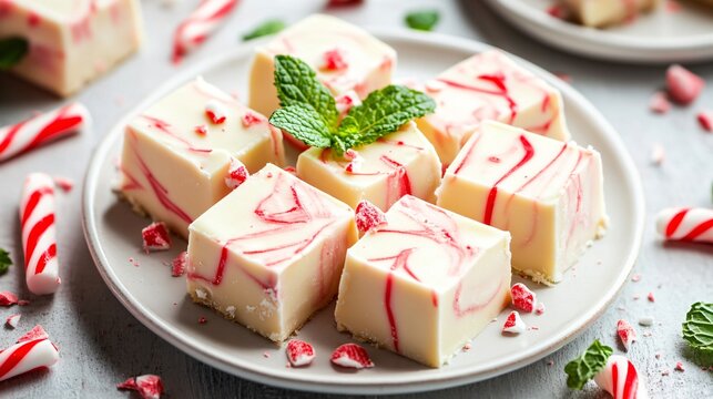 Peppermint fudge with white chocolate swirl, isolated on a white porcelain plate, garnished with candy cane pieces and mint leaves