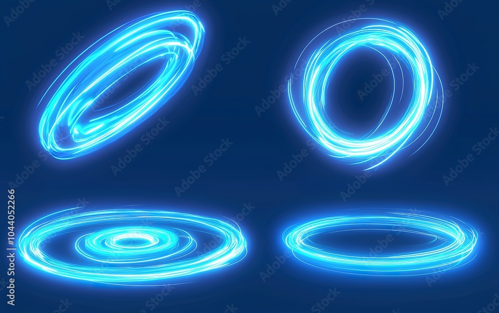Poster dynamic blue light trails creating swirling energy patterns on a deep blue background during a digit